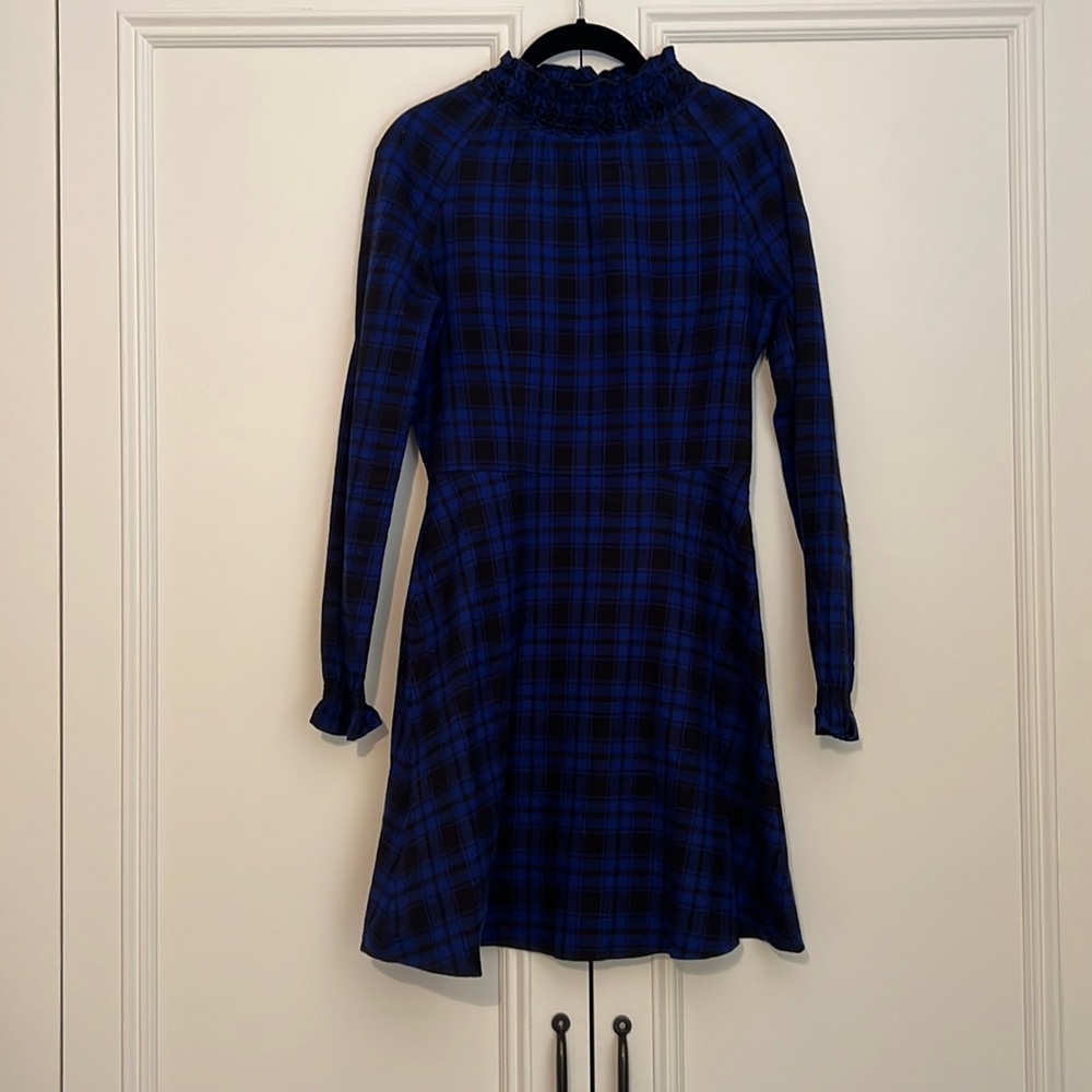 Maje Rivine Long Ruffle Sleeve Smocked Blue Black Plaid Print Dress Size 1
